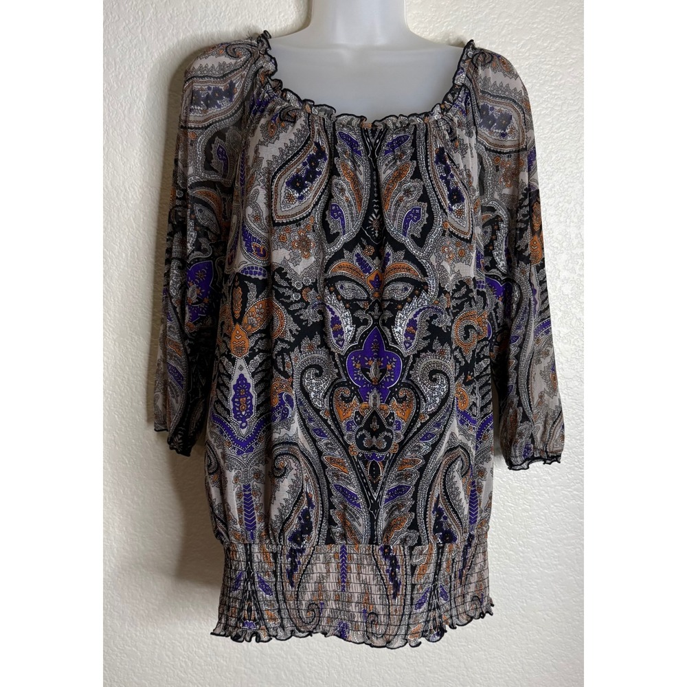 INC‎ Womens Large Blouse Black Purple Orange Paisley Smocked Hem Mesh Top Artsy